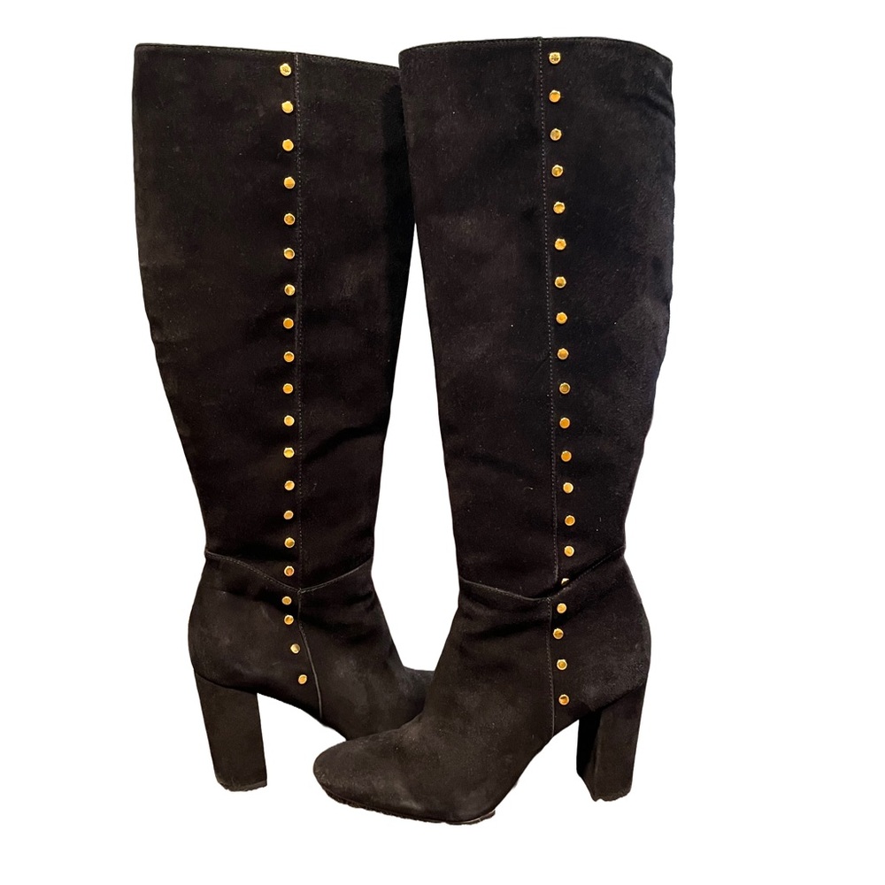 Lauren by Ralph Lauren Atherton Black Suede Sz 6 Tall Stud Heel Boots EUC